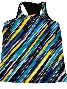 Swimsuits For All Blue Teal Yellow Striped Racerback Tankini Top